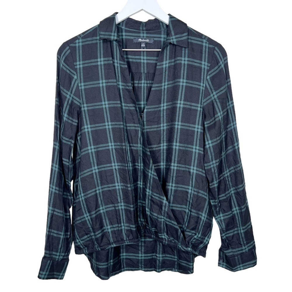 Madewell Womens Wrap-Front Shirt in Palma Plaid Green Black Size Medium